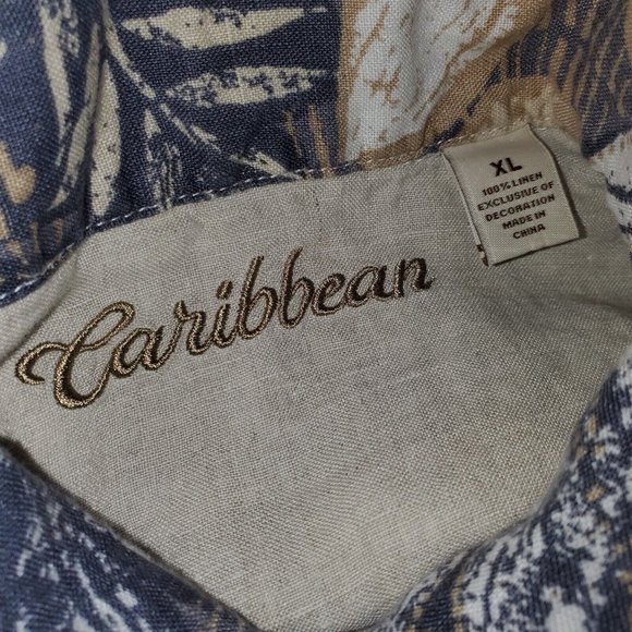 Caribbean Button Up Hawaiian Shirt Linen Hibiscus Floral Tropical Resort Golf - Picture 3 of 3